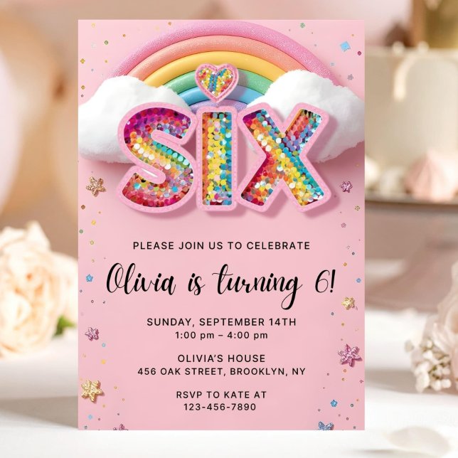 Editable Colorful Rainbow Sequin 6th Birthday Invi Einladung (Von Creator hochgeladen)