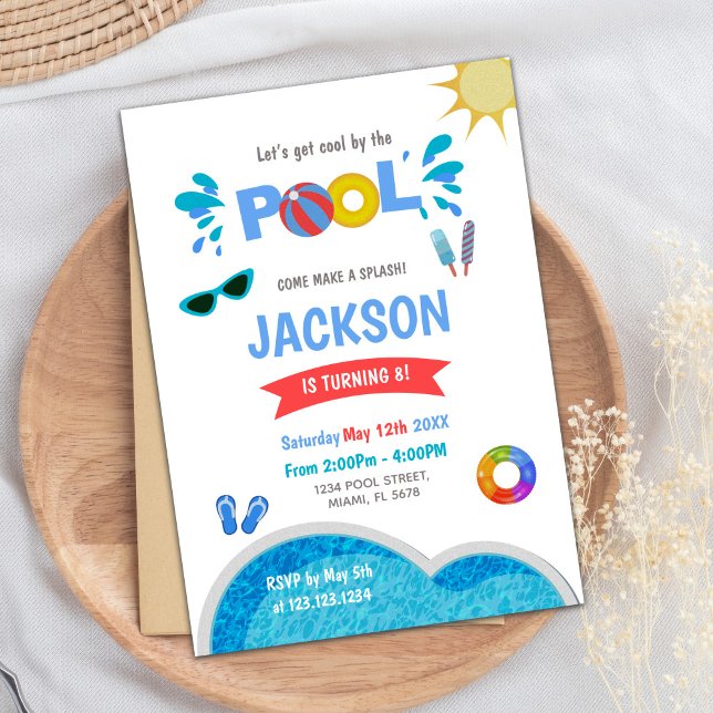 Editable Cool Summer Swim Party laden ein Einladung (Blue sunglass Pool Birthday Invitations)