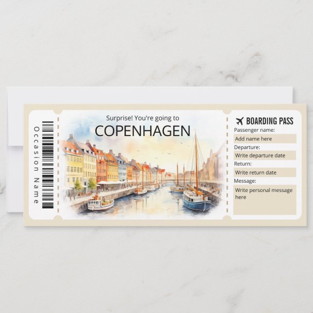 Editable Copenhagen Flugzeug Ticket, Dänemark Trip Einladung (Vorderseite)