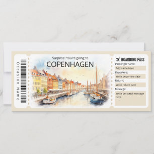 Editable Copenhagen Flugzeug Ticket, Dänemark Trip Einladung