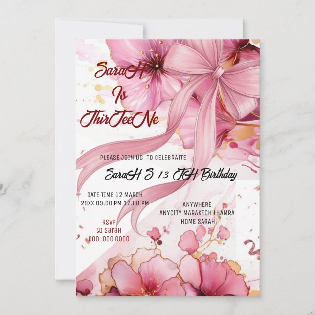 Editable Coquette Pink Bow Birthday Invitation, Pi Einladung (Vorderseite)