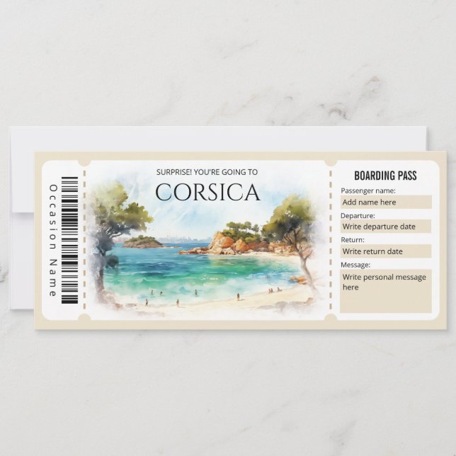 Editable Corsica Flugzeug Boarding Ticket Einladung (Vorderseite)