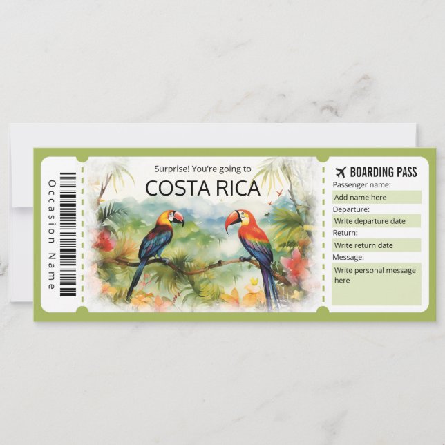 Editable Costa Rica Flugzeug Ticket Boarding Pass Einladung (Vorderseite)