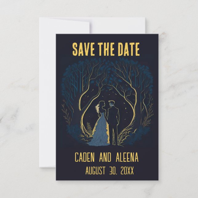 Editable Couple in Woods at Night Save The Date (Vorderseite)
