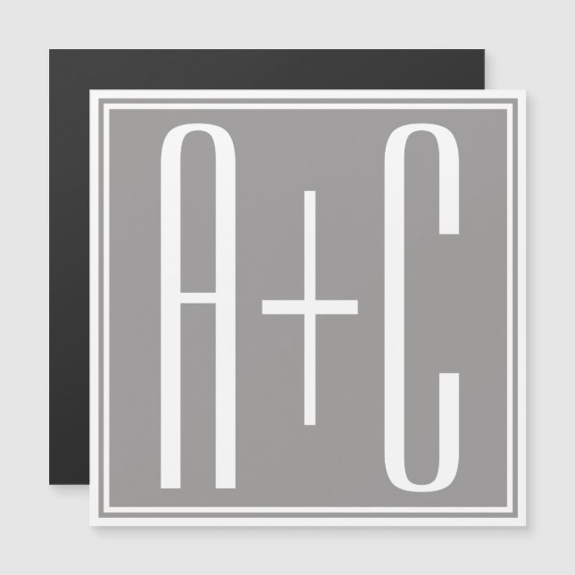 Editable Couples Initials | Weiß & Grau Magneteinladung (Vorne/Hinten)