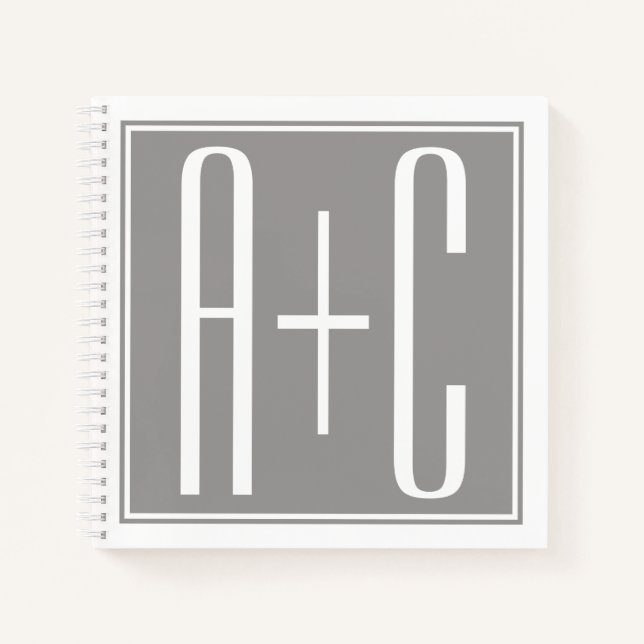 Editable Couples Initials | Weiß & Grau Notizbuch (Vorderseite)