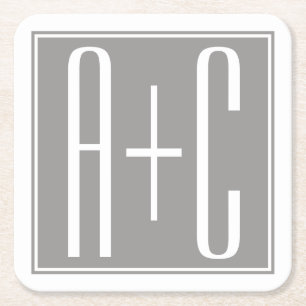 Editable Couples Initials Weiß & Grau Rechteckiger Pappuntersetzer