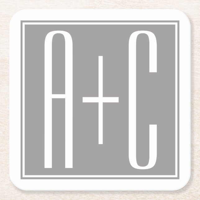 Editable Couples Initials | Weiß & Grau Rechteckiger Pappuntersetzer (Vorderseite)