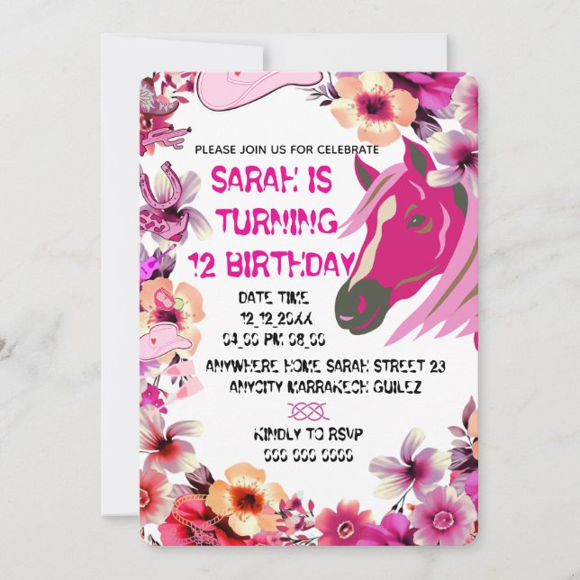 Editable Cowgirl Birthday Einladung Template, Gir (Vorderseite)