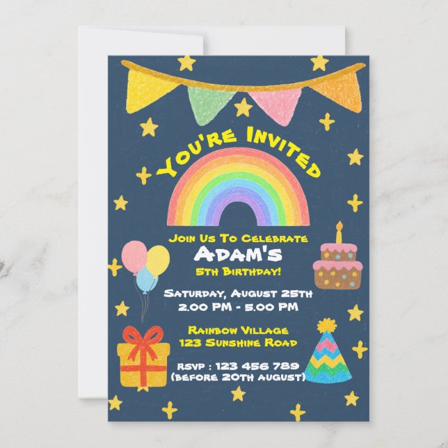 Editable Crayon Style - Rainbow Celebration Fiesta Einladung (Vorderseite)