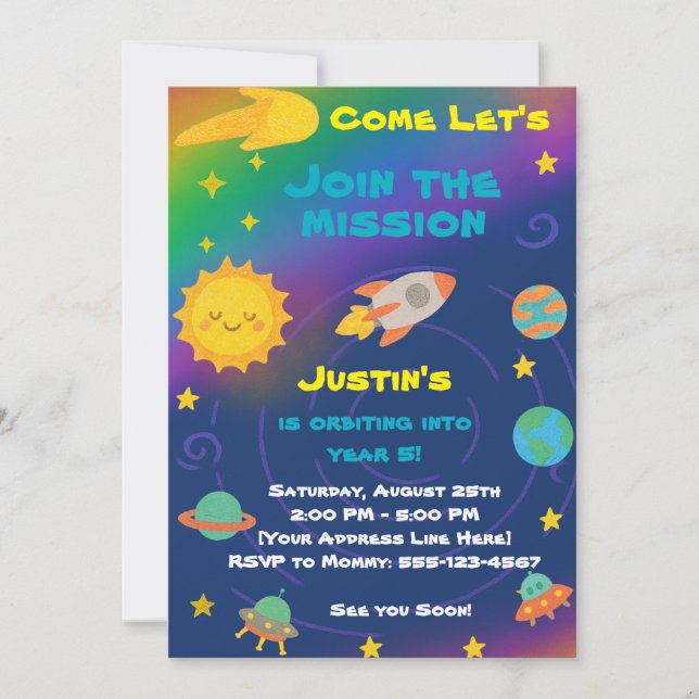 Editable Crayon Style – Solar System Birthday Einladung (Vorderseite)