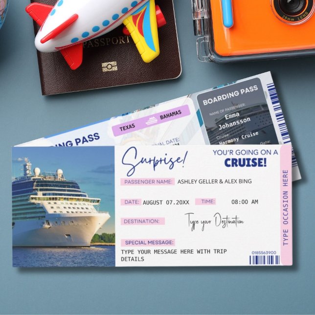 Editable Cruise Ticket Surprise Boarding Pass Einladung (Cruise Surprise Boarding Pass | Cruise Vacation Editable Cruise Ticket Template )