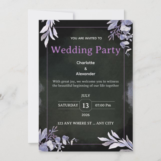 Editable Dark Botanical Wedding Invitation Einladung (Vorderseite)