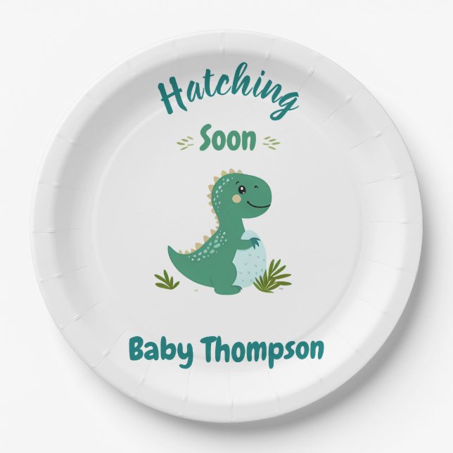 Editable Dinosaur Baby Boy Dusche Schnürung bald Pappteller (Vorderseite)