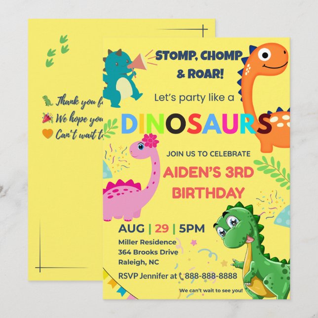 Editable Dinosaur Birthday Einladung (Vorne/Hinten)