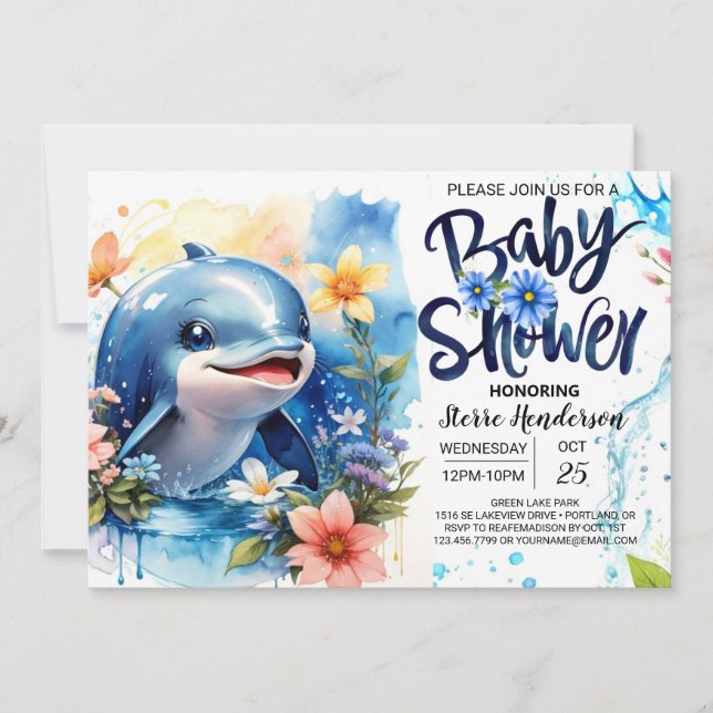 Editable Dolphin Boy Baby Dusche Einladung (Vorderseite)
