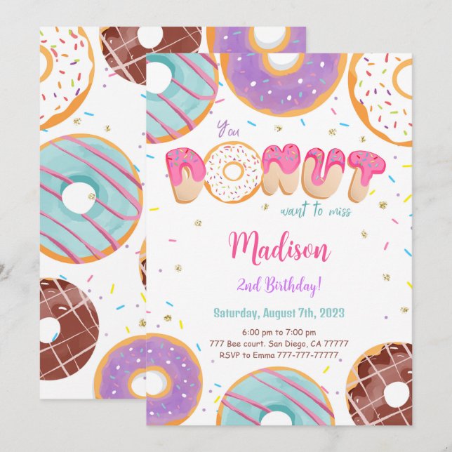 Editable Donut Birthday Party Einladung (Vorne/Hinten)