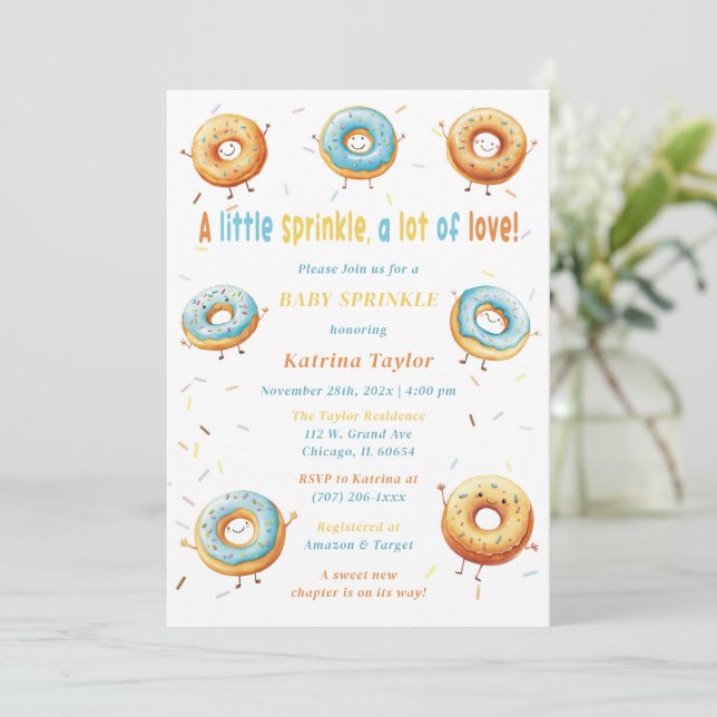 Editable Donuts Boy Baby Sprinkle Einladung (Stehend Vorderseite)