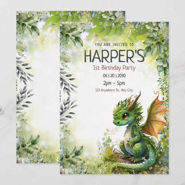 Editable Dragon 1. Geburtstagsfeier Party Einladun Save The Date (Vorne/Hinten)