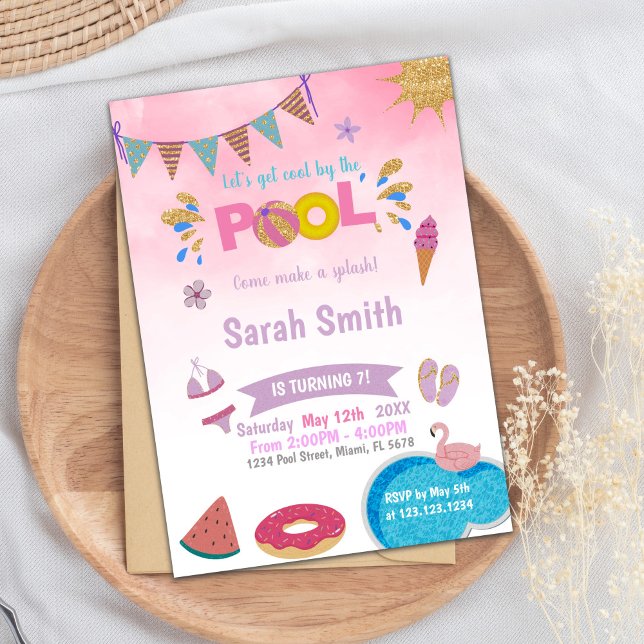 Editable Dreamy Summer Swim Party Einladung für Mä (Pink Cloud Pool Birthday Invitations)