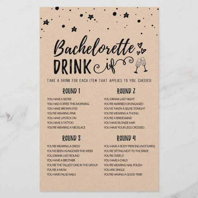 Editable DRINK IF Bachelorette, Hen Party Game (Vorderseite)