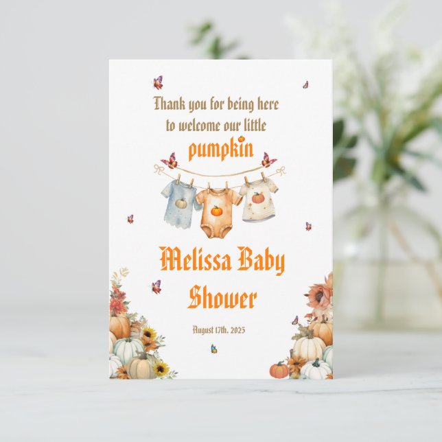 Editable druckbare Herbst Pumpkin Baby Dusche Dankeskarte (Stehend Vorderseite)