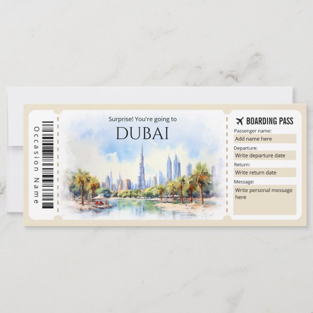 Editable Dubai Boarding Pass Flugzeug Ticket Einladung (Vorderseite)