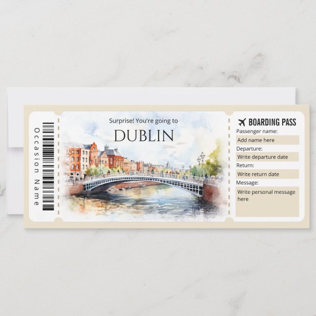 Editable Dublin Boarding Pass Flugzeug Ticket Einladung (Vorderseite)