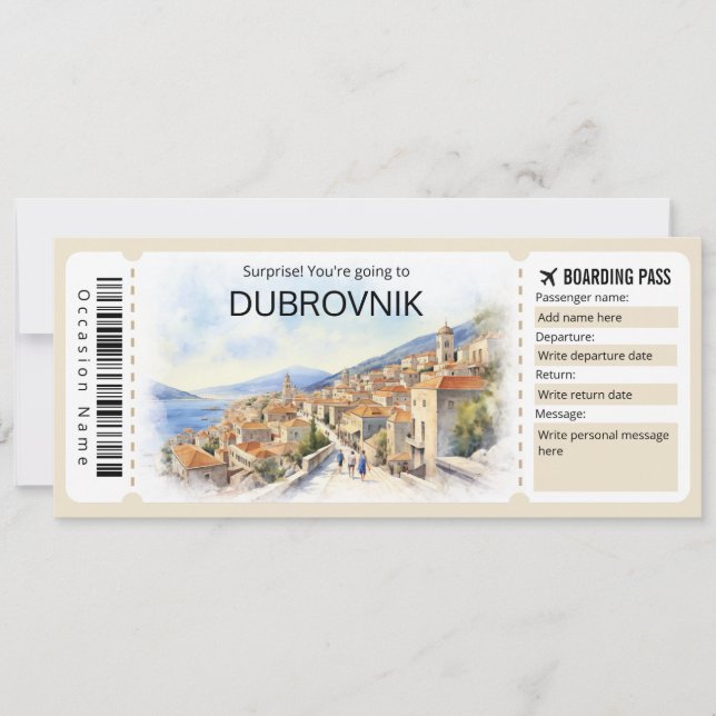 Editable Dubrovnik Flugzeug Ticket, Croatia Trip Einladung (Vorderseite)