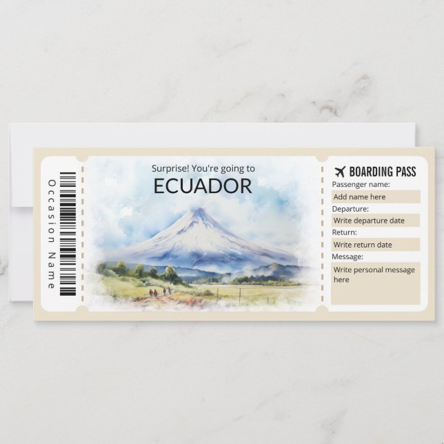 Editable Ecuador Flugzeug Ticket, Ecuador Trip Einladung (Vorderseite)
