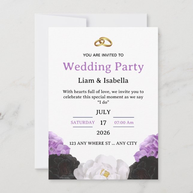 Editable Elegant Purple Floral Wedding Invitation Einladung (Vorderseite)
