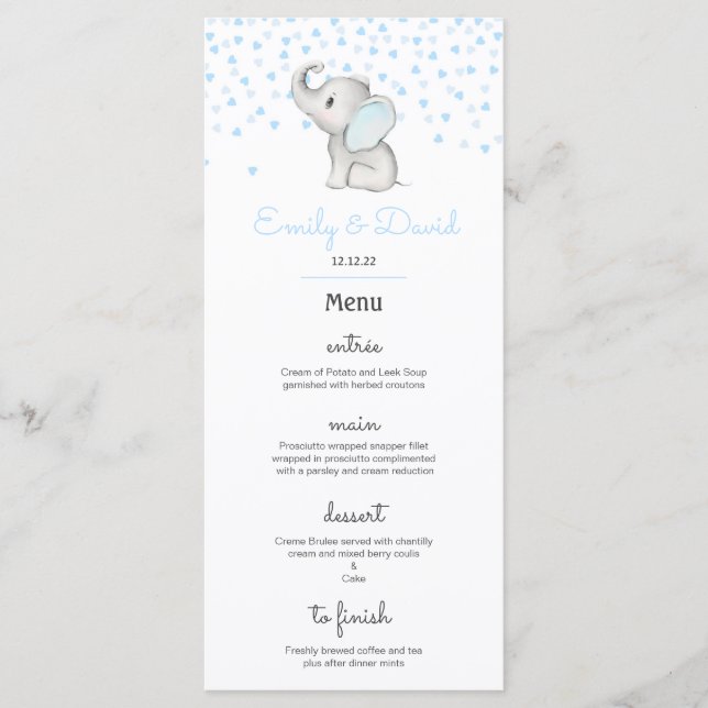 Editable Elephant Party Menu, Babydusche Menükarte (Vorderseite)