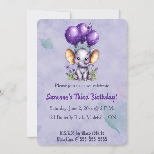 Editable Elephant Three Balloons and a Butterfly Einladung (Vorderseite)