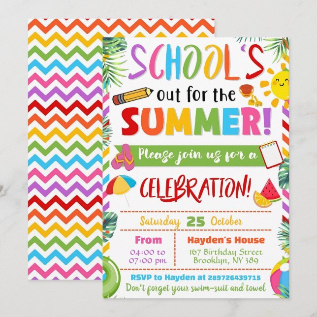 Editable End of School Party Schools Out Party Einladung (Vorne/Hinten)