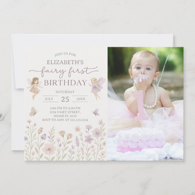 Editable Fairy First Birthday Einladung (Vorderseite)