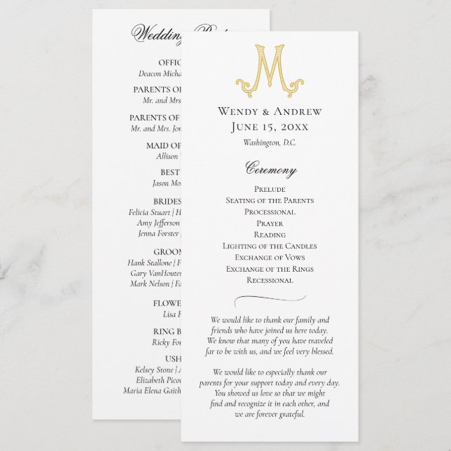 EDITABLE FARBEN M Monogram Wedding Program Programm (Vorne/Hinten)