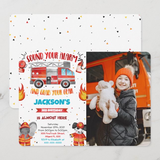 Editable Fire Truck Birthday Foto Einladungen (Vorne/Hinten)