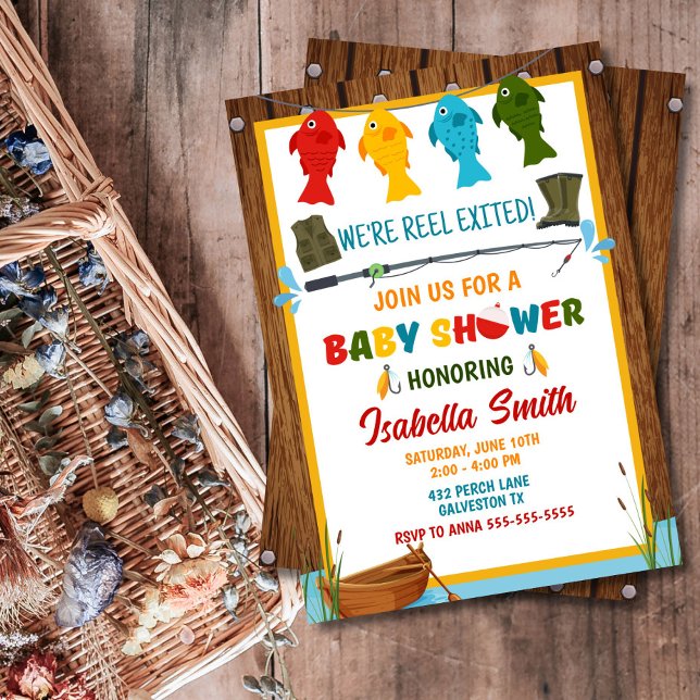 Editable Fishing Baby Dusche Einladung (Rustic & colorful fishing baby shower invite – perfect for new parents, any gender!)