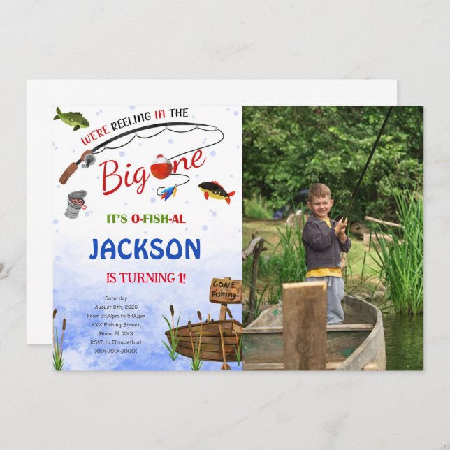 Editable Fishing Birthday Foto Einladung (Vorne/Hinten)