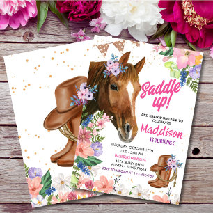 Editable Floral Cowgirl Horse Birthday Einladung