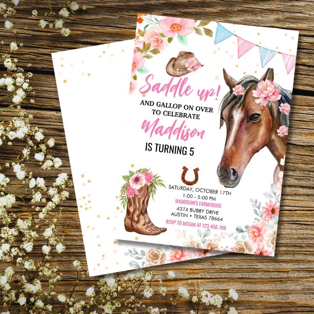 Editable Floral Cowgirl Horse Birthday Einladung (Horse and flowers invite – adorable for your girl's western birthday bash!)