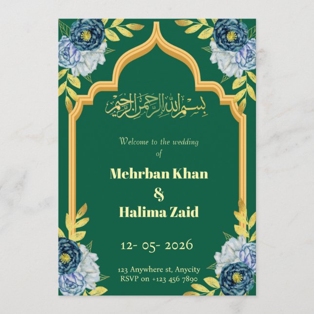 Editable floral Muslim wedding invitation Green  Einladung (Vorderseite)