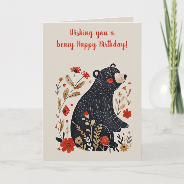 Editable Folk Art Black Bear Geburtstag Karte (Vorderseite)
