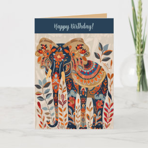 Editable Folk Art Elephant Birthday Karte