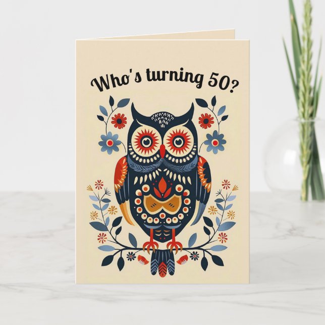 Editable Folk Art Owl and Blume Karte (Vorderseite)