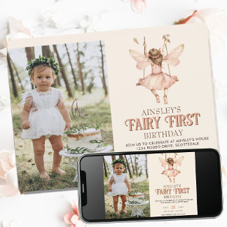 Editable Foto Blush Pink Fairy Erster Geburtstag Einladung