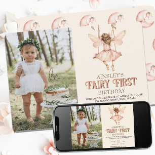 Editable Foto Blush Pink Fairy Erster Geburtstag Einladung