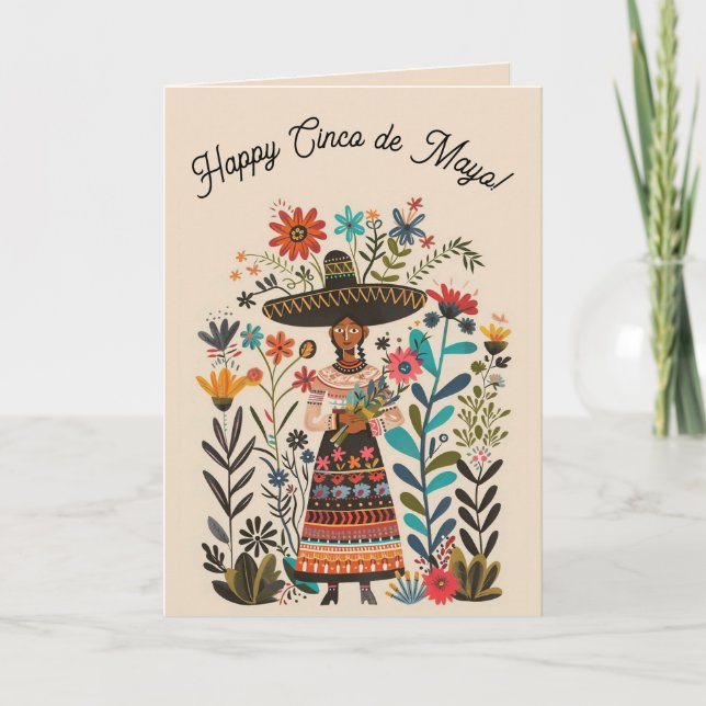 Editable Frau mit Hut und Blume Cinco de Mayo Karte (Vorderseite)