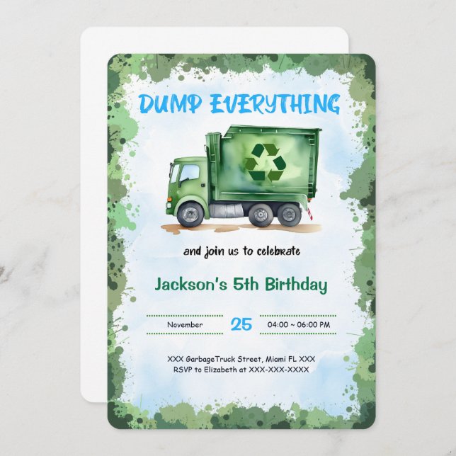 Editable Garbage Truck Birthday Party Einladung (Vorne/Hinten)
