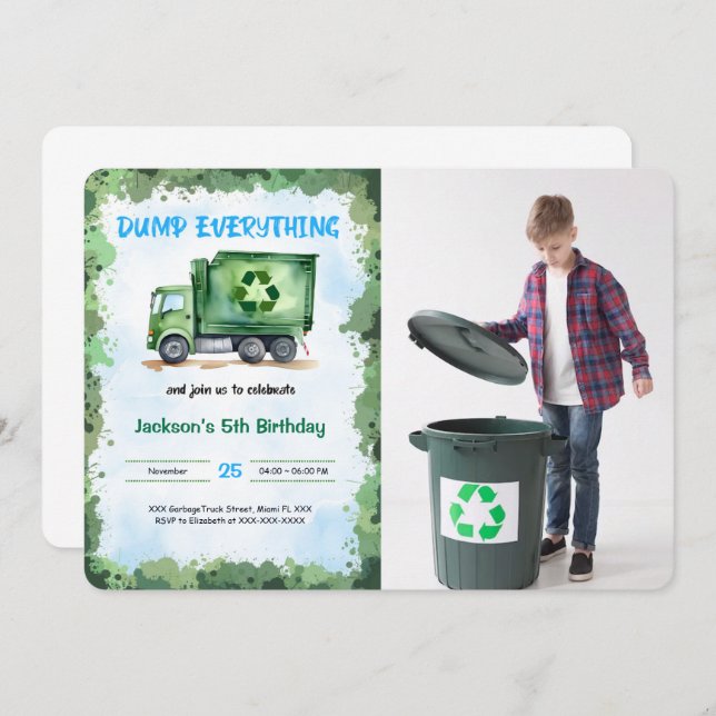 Editable Garbage Truck Birthday Party Foto Einladung (Vorne/Hinten)